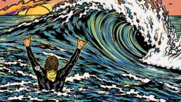 Illustration du Royal Barrique 2026 : un surfeur lève les bras face à un tube, au soleil couchant