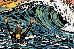 Illustration du Royal Barrique 2026 : un surfeur lève les bras face à un tube, au soleil couchant